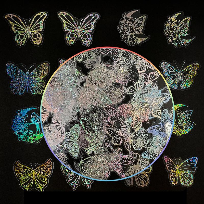 Holographic Stickers, 100pcs Transparent Laser Stickers, Colorful Butterfly Resin Transparent Decoration Stickers for Diy Scrapbook Journal Laptop Water Bottles, Decorative Decal Accessories