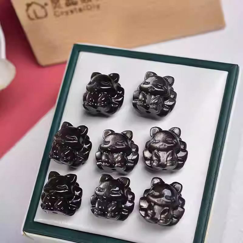 Natural Obsidian Nine Tailed Fox Jewelry DIY Pendant Bracelet Necklace Accessories Carvings