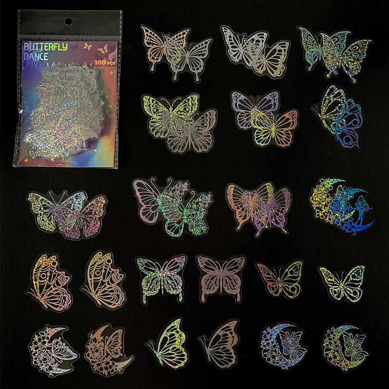 Holographic Stickers, 100pcs Transparent Laser Stickers, Colorful Butterfly Resin Transparent Decoration Stickers for Diy Scrapbook Journal Laptop Water Bottles, Decorative Decal Accessories