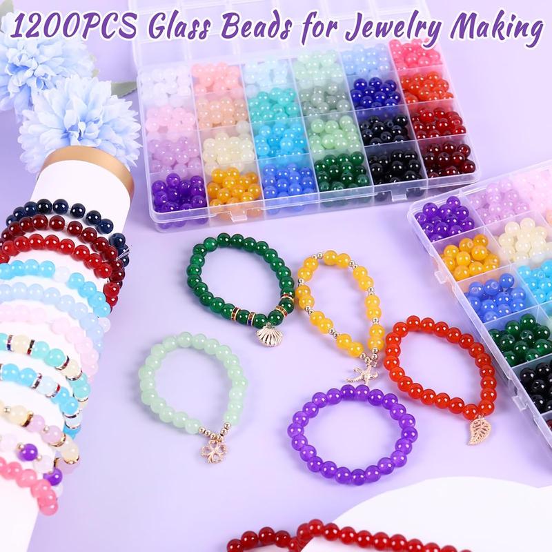 1300 count 8mm Glass Beads for  Making, 24 Colors Glass Beads for Bracelets with Spacer Beads Charm for Women, 2 Box