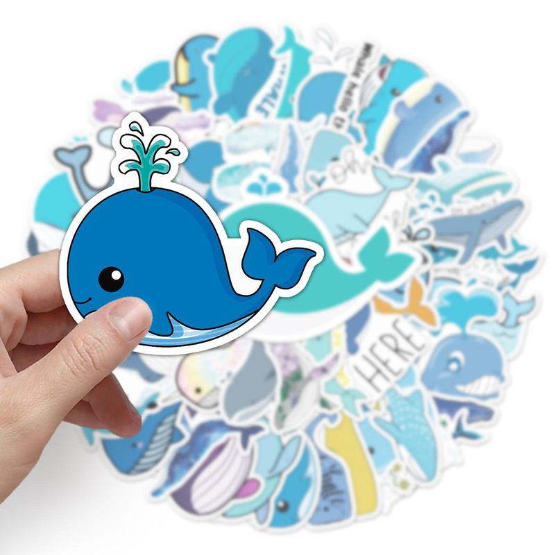 50pcs Cartoon Whale Pattern Stickers, Cute Waterproof Decorative Stickers, DIY Decals For Water Bottle, Laptop, Phone Case, Scrapbooking, Journal Making