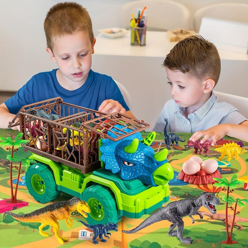 Dinosaur Truck Toy For Kids 3-5 Years, Triceratops Transport Car Carrier With 8 Dino Figures, Activity Play Mat, Dino Eggs And Trees, Capture Jurassic Dinosaurs Play Set For Boys And Girls