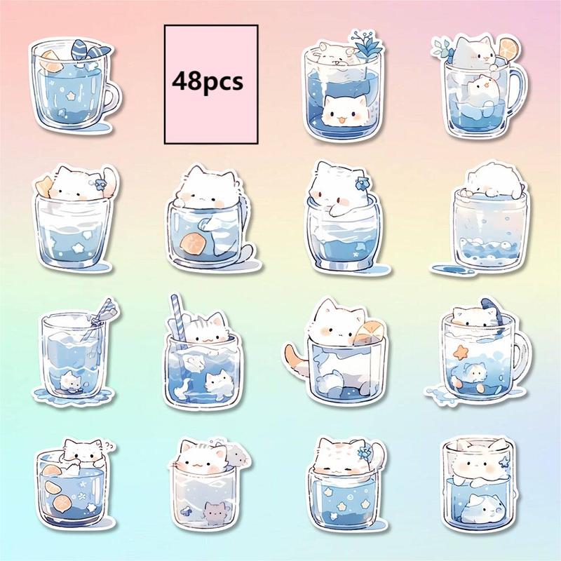 Cute Cartoon Animal & Glass Bottle Pattern Sticker, 48pcs pack Waterproof Self Adhesive Decal, DIY Creative Paster For Gifts Bottle Scrapbook Phone Case Guitar