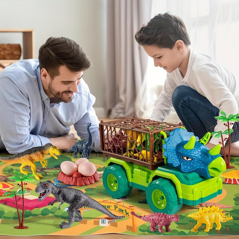 Dinosaur Truck Toy For Kids 3-5 Years, Triceratops Transport Car Carrier With 8 Dino Figures, Activity Play Mat, Dino Eggs And Trees, Capture Jurassic Dinosaurs Play Set For Boys And Girls