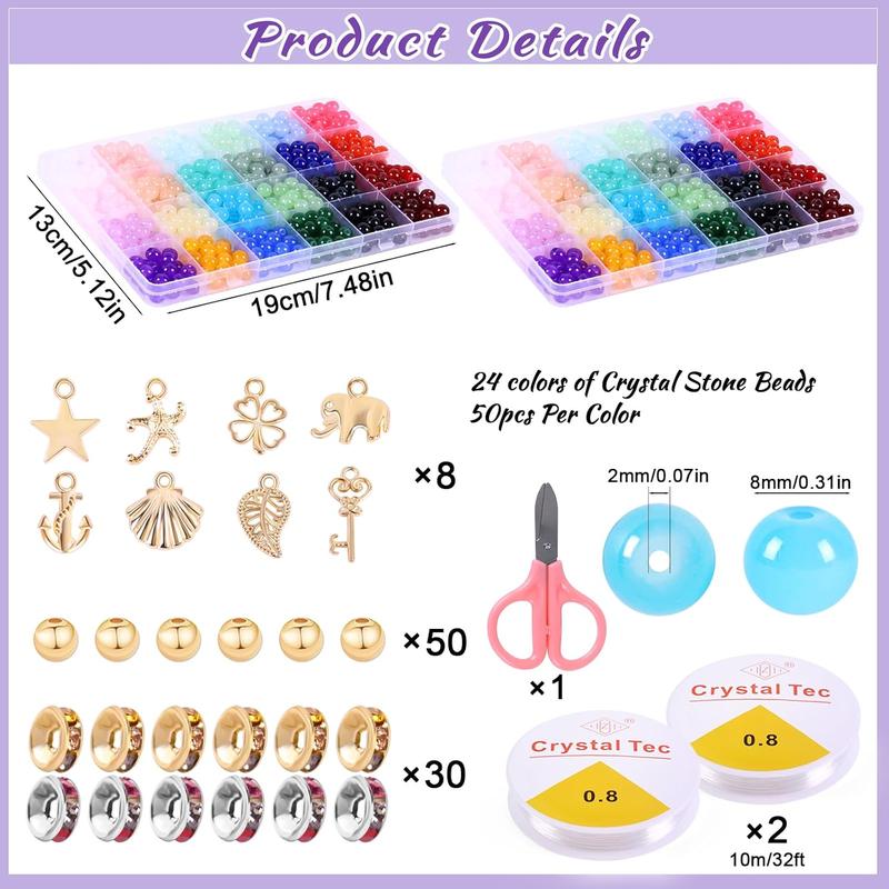 1300 count 8mm Glass Beads for  Making, 24 Colors Glass Beads for Bracelets with Spacer Beads Charm for Women, 2 Box