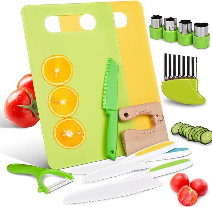 [Kitchen toy]Kitchen Accessories Safe Cooking Set,Child's Cooking SetToy: Safe Culinary Tools for Kids,Foster Skills & Fun Toys Set for RealCooking for Real Cooking with Plastic Safe Knives Crinkle Cutter Kids Cutting Board,Gift for child,birthday Gift