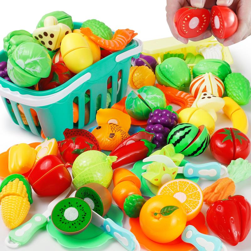 70 PCS Cutting Play Food Toy for Kids Play Kitchen, Pretend Kitchen Fruit and Vegetables with Mini Knifes and Plates