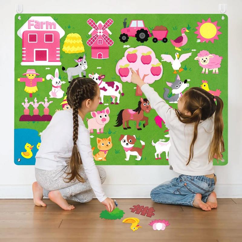 35Pcs Pink Farm Animals Felt Story Board Set, Early learning Storytelling Flannel Board Wall Decor, Farmhouse Educational Barnyard Domestic Livestock Interactive Play Gift Kit for Toddler Girl