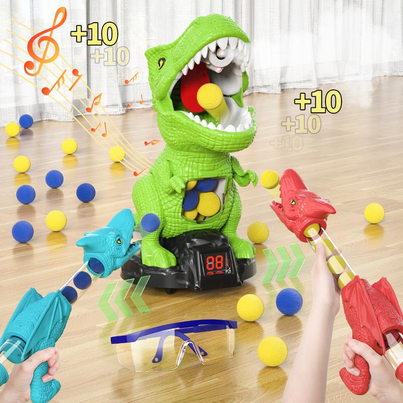 Dinosaur Shooting Toys, Movable Target Shooting Game Dinosaur with 2 Air Pump Blaster and 48 Foam Ball, Score Record, LED & Sound