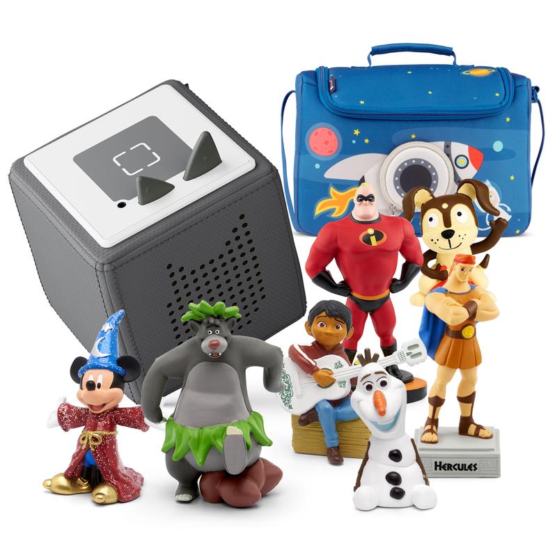 Tonies Disney Starter Set with 7 Total Tonies + Gray Toniebox + Blue Listen & Play Bag: Miguel from Coco, Frozen: Olaf, Hercules, Mr. Incredible, Fantasia Mickey, Jungle Book Baloo, Playtime Puppy | Includes Charging Station