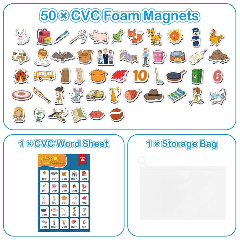 CVC Word Games, 50 Magnetic Objects Fridge Magnets, Phonics Learning Toys, Learn to Read Spelling Reading Phonics for Classrooms& Dry Erase Board Refrigerator Fridge Alphabet ABC Magnets