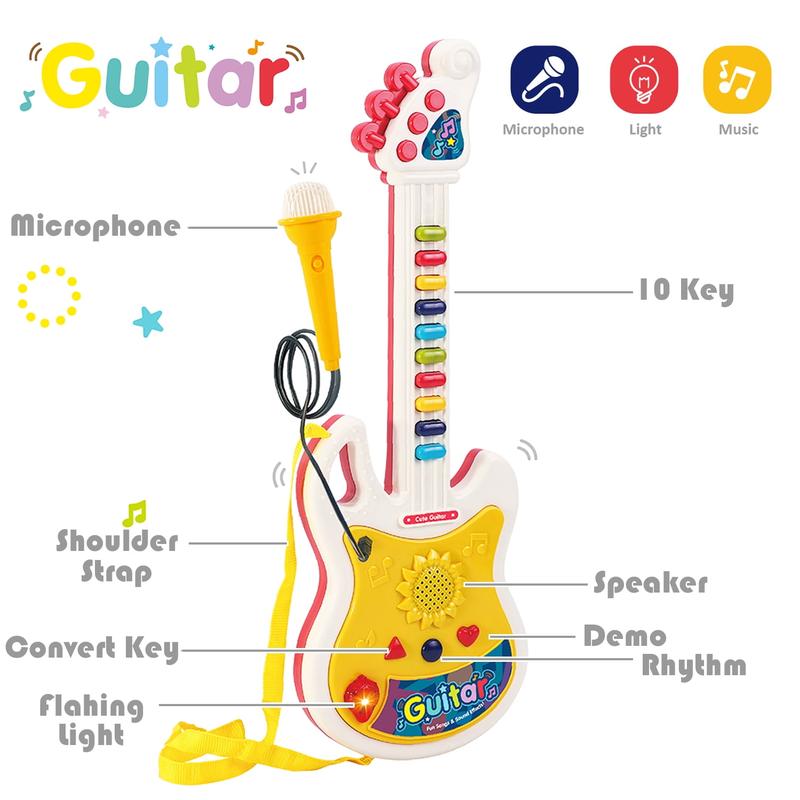 Kids Guitar Toy, Guitar and Microphone Set with Music & Colorful Light, Instruments Educational Toys for 3-7 Year Old,Christmas Birthdays Gift