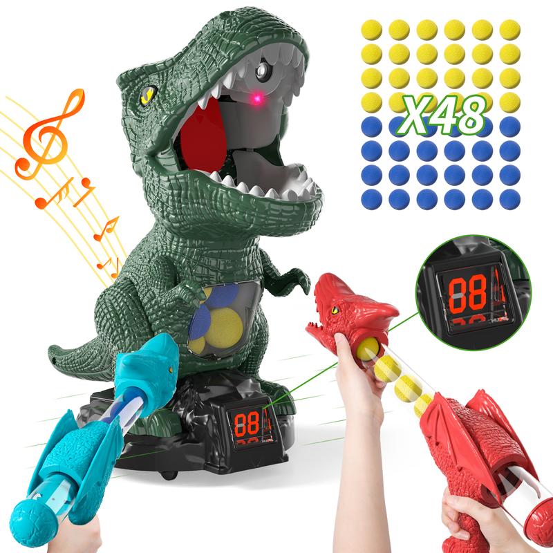 Dinosaur Shooting Toys, Movable Target Shooting Game Dinosaur with 2 Air Pump Blaster and 48 Foam Ball, Score Record, LED & Sound