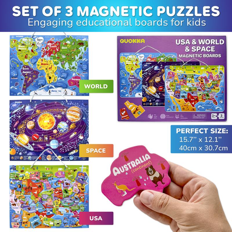 QUOKKA Magnetic 3 Set 24 Piece Puzzles for Kids | World Map, USA, Space