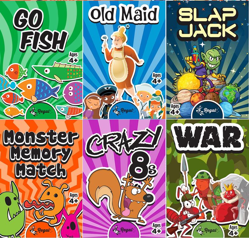 Regal Games Card Games for Kids - Go Fish, Crazy 8's, Old Maid, Slap Jack, Monster Memory Match - Games May Vary (6 Set)