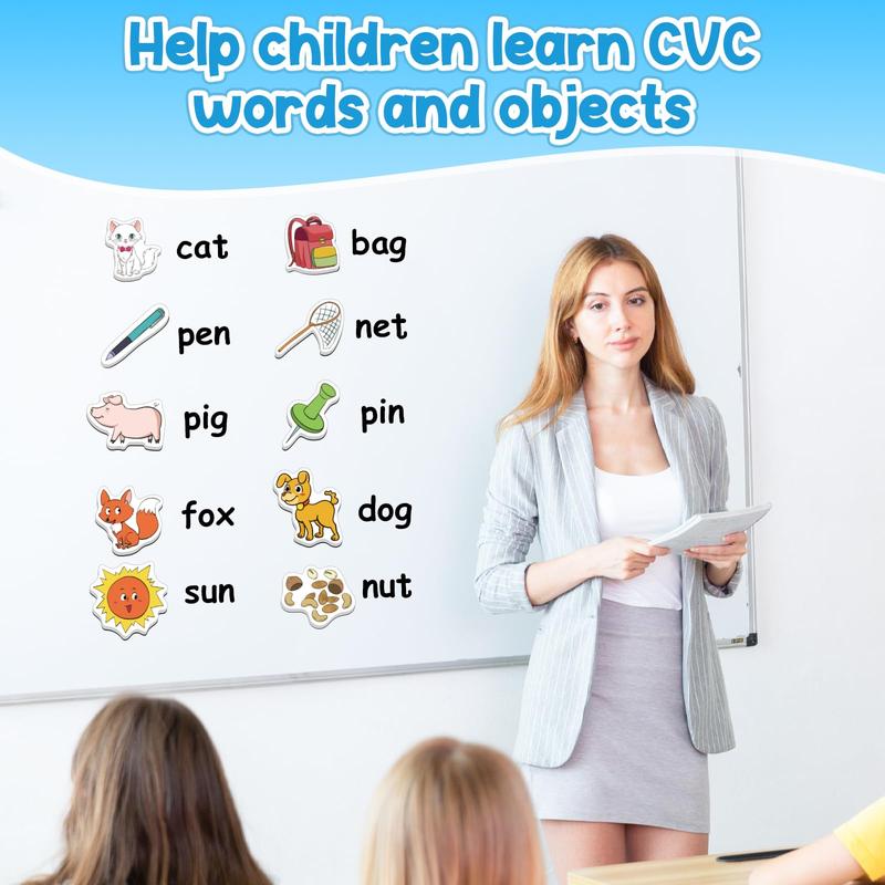 CVC Word Games, 50 Magnetic Objects Fridge Magnets, Phonics Learning Toys, Learn to Read Spelling Reading Phonics for Classrooms& Dry Erase Board Refrigerator Fridge Alphabet ABC Magnets