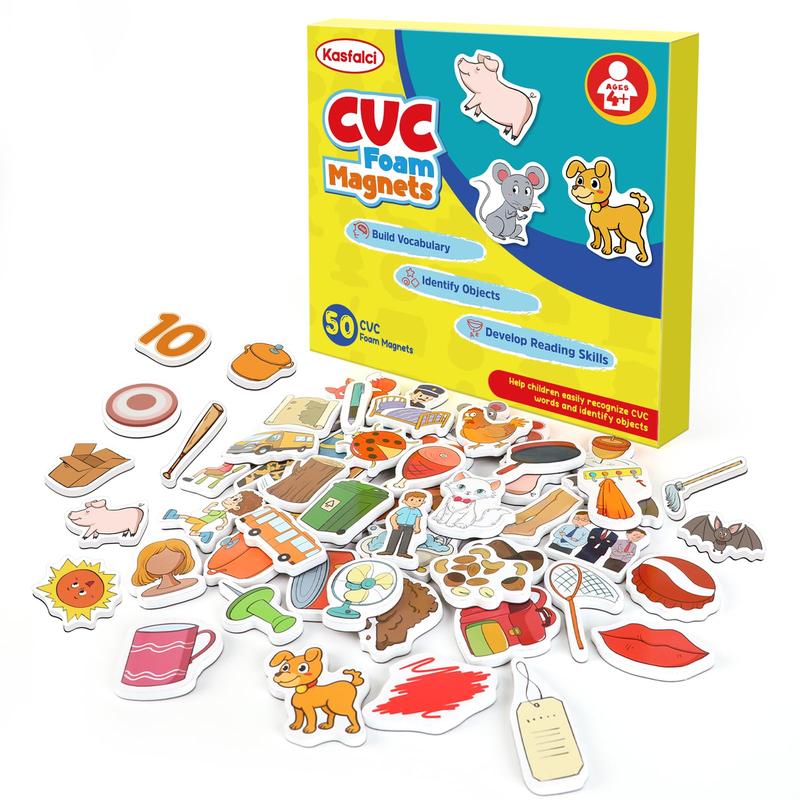 CVC Word Games, 50 Magnetic Objects Fridge Magnets, Phonics Learning Toys, Learn to Read Spelling Reading Phonics for Classrooms& Dry Erase Board Refrigerator Fridge Alphabet ABC Magnets