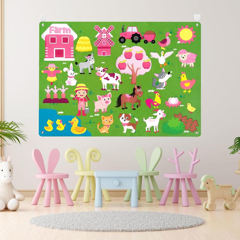 35Pcs Pink Farm Animals Felt Story Board Set, Early learning Storytelling Flannel Board Wall Decor, Farmhouse Educational Barnyard Domestic Livestock Interactive Play Gift Kit for Toddler Girl