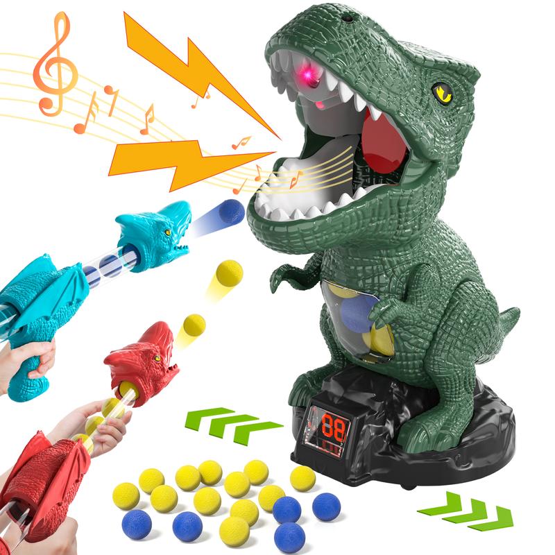 Dinosaur Shooting Toys, Movable Target Shooting Game Dinosaur with 2 Air Pump Blaster and 48 Foam Ball, Score Record, LED & Sound