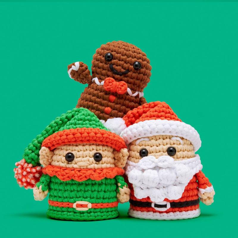 Love at Frost Sight Bundle - Ted the Gingerbread Man beginner crochet kit, Bernard the Elf intermediate crochet kit, and Santa Claus intermediate crochet kit by The Woobles