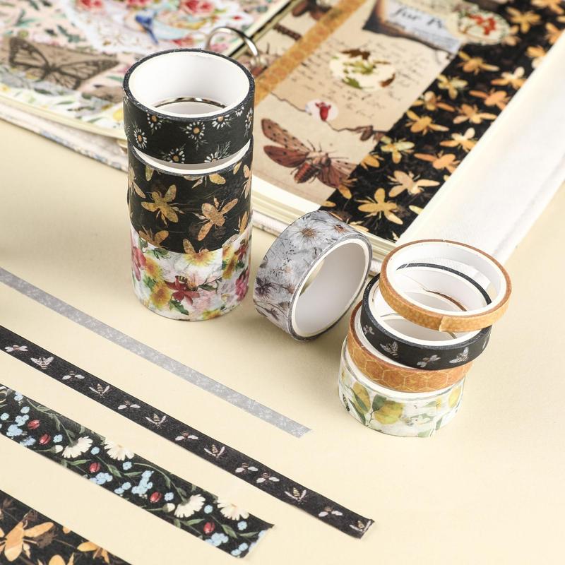 Decorative Paper Tapes, 10pcs set Floral Pattern Hand Ledger Material Stickers, For DIY Crafting Projects