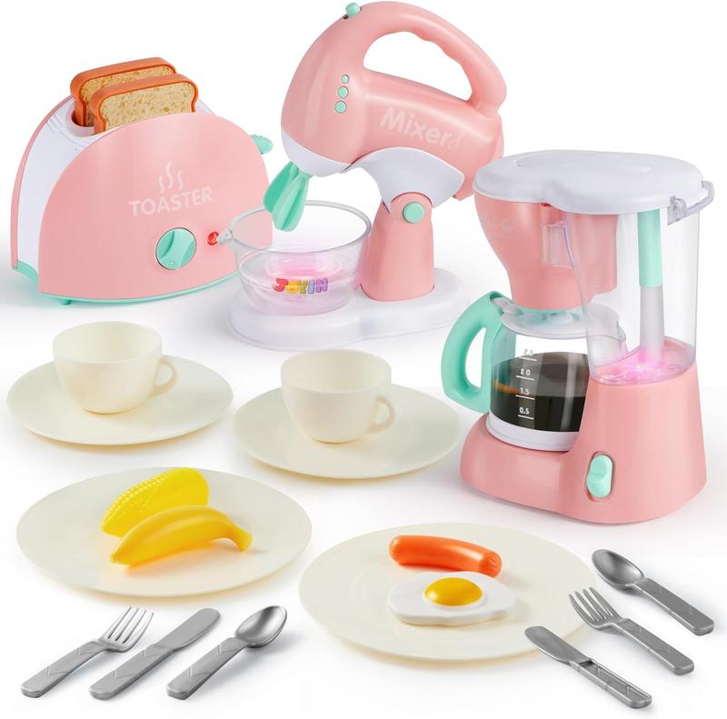 Christmas 2024 Gifts Pretend Kitchen Toys, Play Kitchen Accessories Set for Kids, Coffee Maker, Mixer, Toaster with Realistic Lights& Sounds, Kitchen Appliances Toys, Birthday Gift for Kids