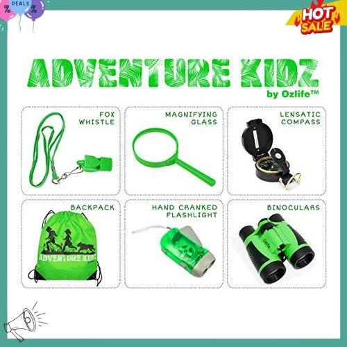 Adventure Kidz Outdoor Exploration Kit, Children’s Binoculars with Case, Flashlight, Compass, Whistle, Magnifying Glass, Backpack. Great Kids Gift Set for Camping, Hiking, STEM and Pretend Play