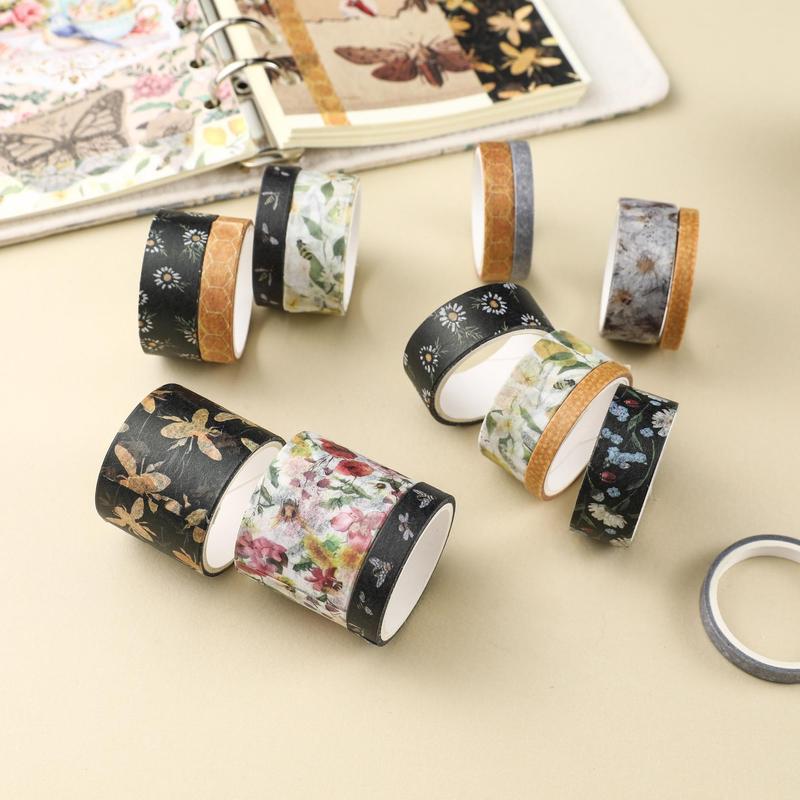 Decorative Paper Tapes, 10pcs set Floral Pattern Hand Ledger Material Stickers, For DIY Crafting Projects