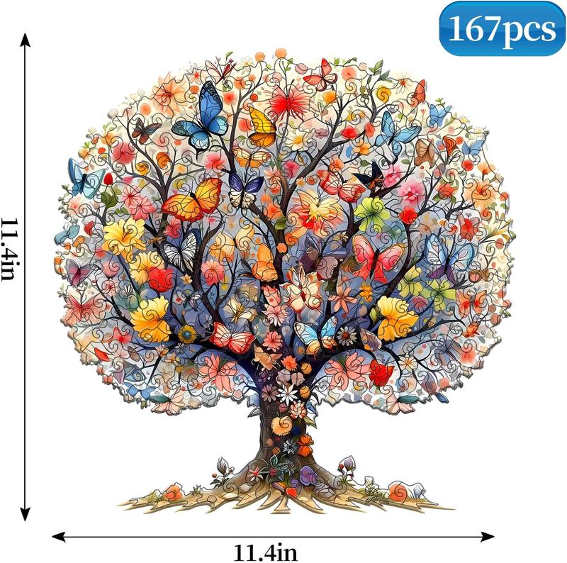 Wooden Puzzle for Adults, 167 count Unique Animal Shaped Wooden Jigsaw Puzzles for Adults, Tree of Life Butterfly Puzzle, Wood Puzzles Adult, Creative Gift for Teenagers Adults (11.4