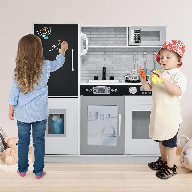 [ShopTab] Black Friday Pretend Kids Kitchen Playset, Wooden Kitchen Toy Set w Blackboard, Telephone, Microwave, Ice Maker, Dishwasher & Oven, Pretend Play Kitchen