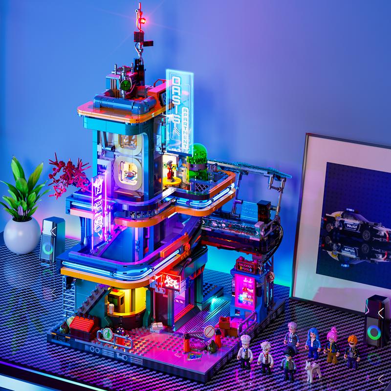 Funwhole Cyberpunk Apartment Lighting Building-Bricks Set - 2524 Pcs Future City Modular Buildings Set Display Idea for Adults and Sci-fi Lovers,Cyberpunk Mansion