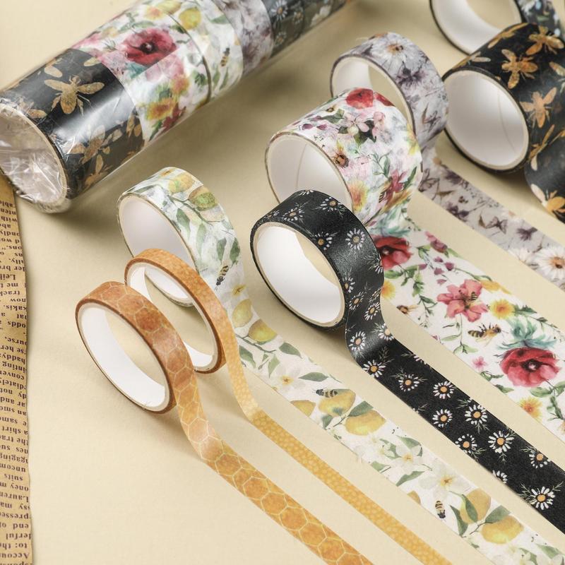 Decorative Paper Tapes, 10pcs set Floral Pattern Hand Ledger Material Stickers, For DIY Crafting Projects