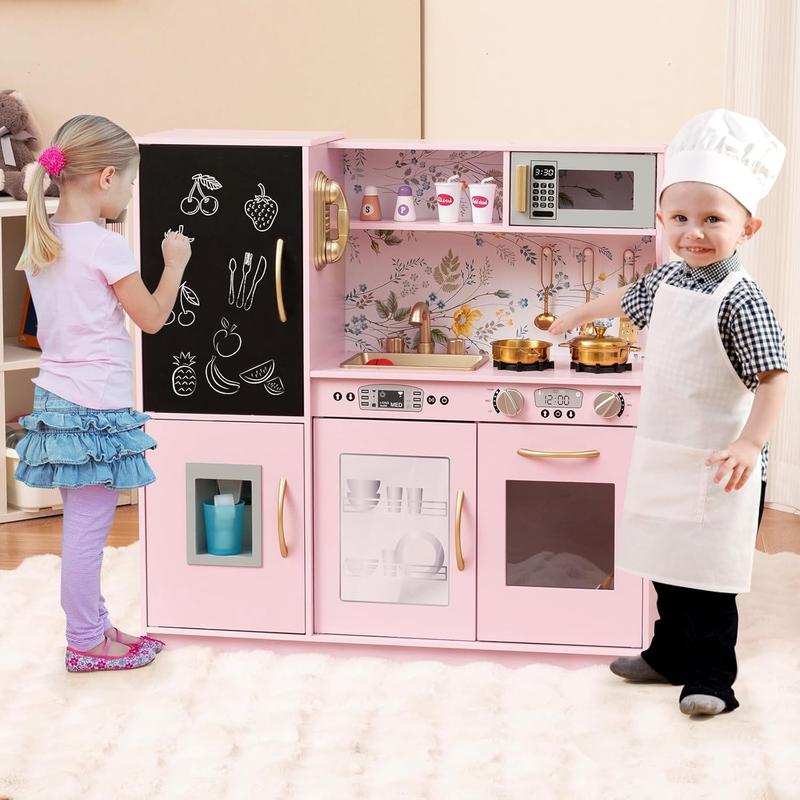 [ShopTab] Black Friday Pretend Kids Kitchen Playset, Wooden Kitchen Toy Set w Blackboard, Telephone, Microwave, Ice Maker, Dishwasher & Oven, Pretend Play Kitchen