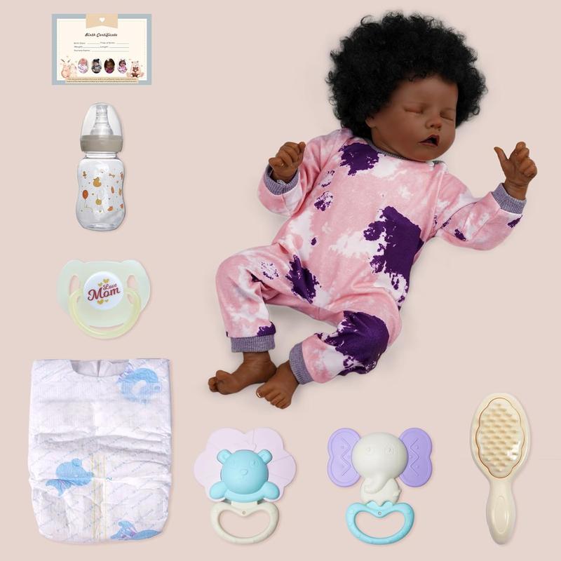 Lifelike Reborn Baby Dolls Black -17Inch Baby-Soft Body & Curls Realistic-Newborn Baby Dolls African American Real Life Baby Dolls Cloth Body with Feeding Kit & Gift Box for Kids Age 3+