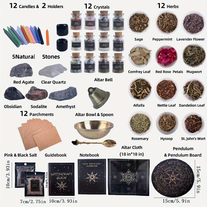 65 PCS Witchcraft Supplies Kit - Large Witch Altar Starter Spell Set for Beginners, Unscented Wiccan Supplies and Tools