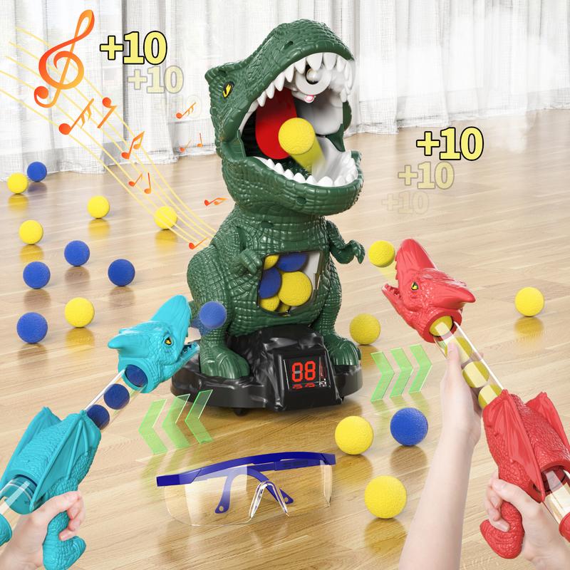 Dinosaur Shooting Toys, Movable Target Shooting Game Dinosaur with 2 Air Pump Blaster and 48 Foam Ball, Score Record, LED & Sound