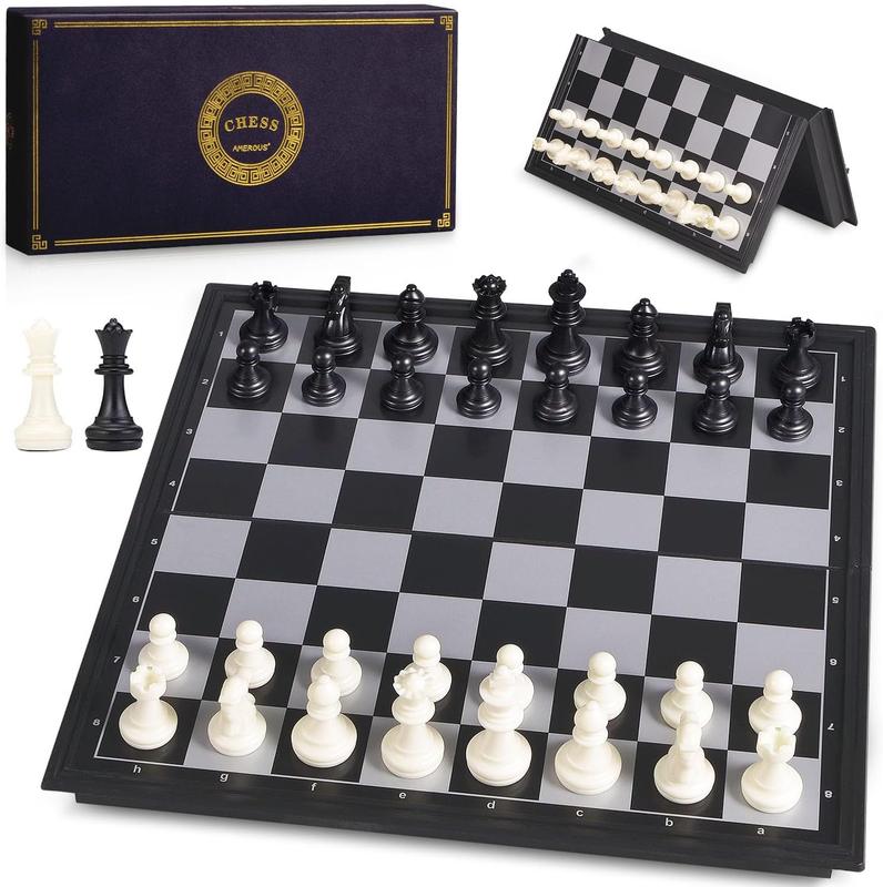 AMEROUS 10 Inches Magnetic Chess Set with Folding Board for Beginners, Kids and Adults - Includes 2 Extra Queens and Storage for Pieces