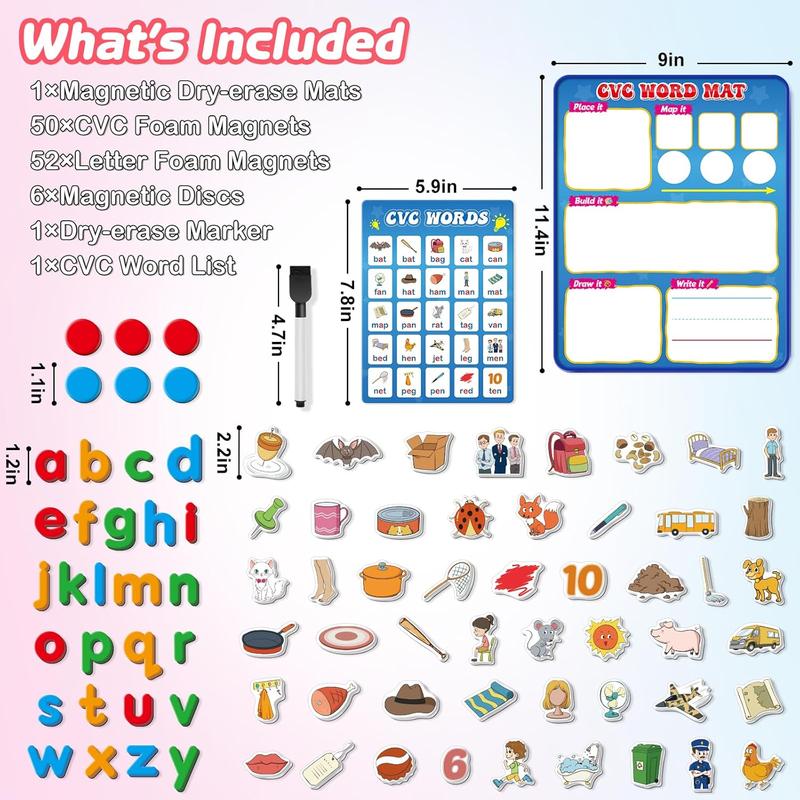 CVC Word Games, 50 Magnetic Objects Fridge Magnets, Phonics Learning Toys, Learn to Read Spelling Reading Phonics for Classrooms& Dry Erase Board Refrigerator Fridge Alphabet ABC Magnets