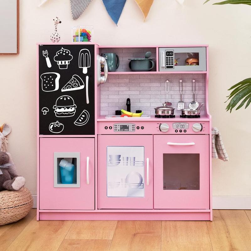 [ShopTab] Black Friday Pretend Kids Kitchen Playset, Wooden Kitchen Toy Set w Blackboard, Telephone, Microwave, Ice Maker, Dishwasher & Oven, Pretend Play Kitchen