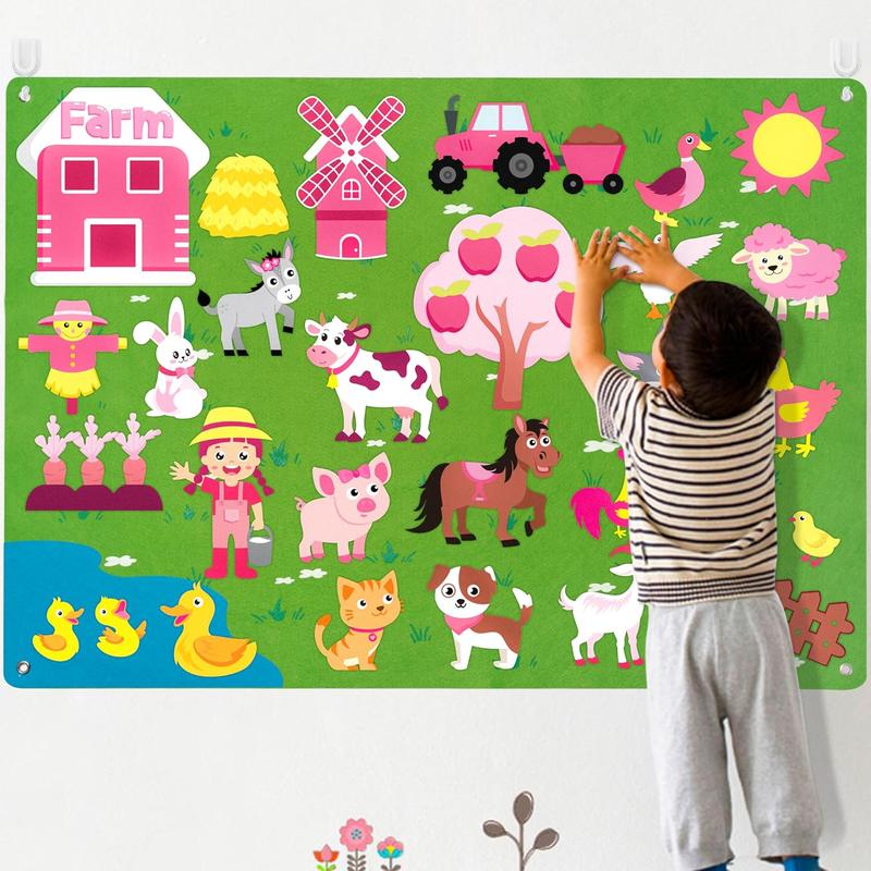 35Pcs Pink Farm Animals Felt Story Board Set, Early learning Storytelling Flannel Board Wall Decor, Farmhouse Educational Barnyard Domestic Livestock Interactive Play Gift Kit for Toddler Girl