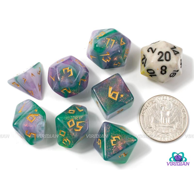 Fairy Runes | Light Purple, White and Green Swirls, Glitter, Runic Font | Acrylic Dice Set (7)