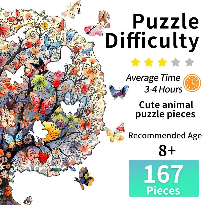 Wooden Puzzle for Adults, 167 count Unique Animal Shaped Wooden Jigsaw Puzzles for Adults, Tree of Life Butterfly Puzzle, Wood Puzzles Adult, Creative Gift for Teenagers Adults (11.4