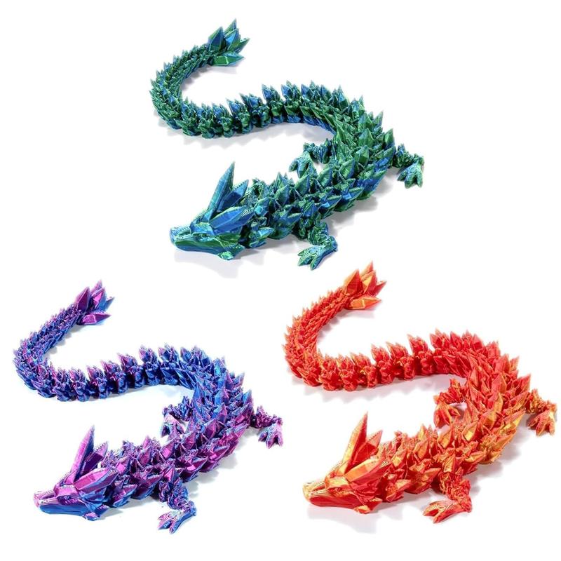 3D Printed Crystal Dragon 12In 3Pcs, 3D Printed Flexible Articulated Dragon,Fidget Toys(Purple+Green+Red)