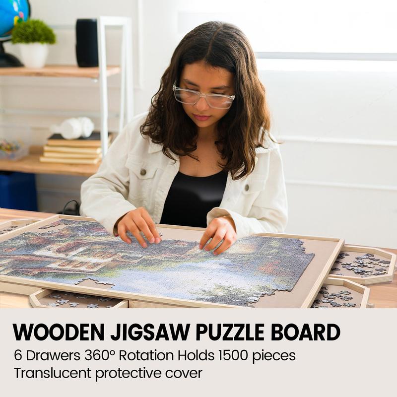 1500 Pieces Wooden Jigsaw Folding Puzzle Baord, Puzzle Table with Legs and Protective Cover, 35'' × 27'' Jigsaw Puzzle Board with 6 Drawers & Cover, Portable Puzzle Tables for Adult