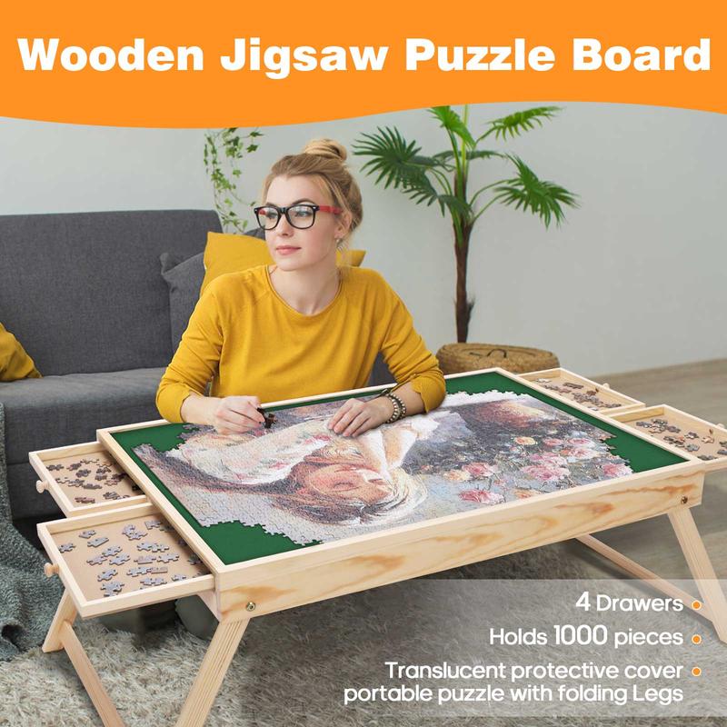 1500 Pieces Wooden Jigsaw Folding Puzzle Baord, Puzzle Table with Legs and Protective Cover, 35'' × 27'' Jigsaw Puzzle Board with 6 Drawers & Cover, Portable Puzzle Tables for Adult