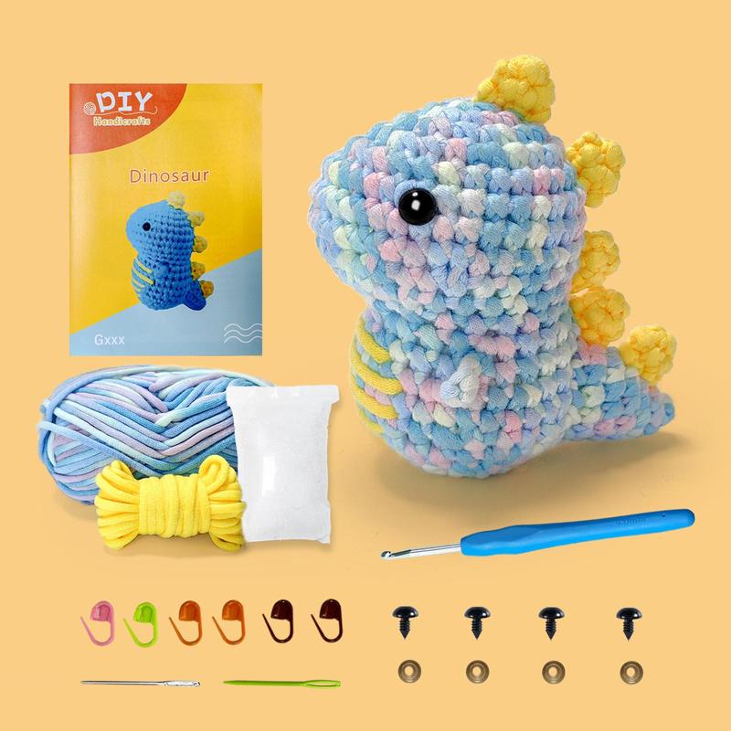 Dinosaur Design Crochet Kit for Beginners, 1 Set DIY Cute Cartoon Handmade Knitting Set with Step-by-step English Video Tutorial for Adults & Beginners