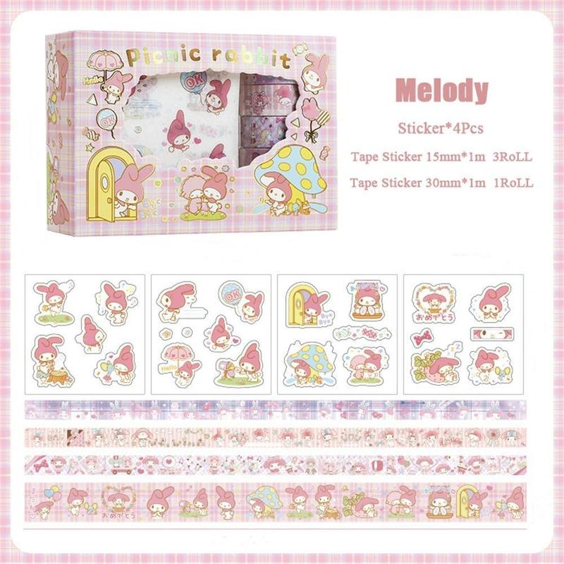 Cute Cartoon Sticker and Tape Sticker Set, Including 4 Sheet Sticker & 4 Rolls Tape Decals, DIY Decorative Sticker for Scrapbooking & Journal Making, Christmas Gift