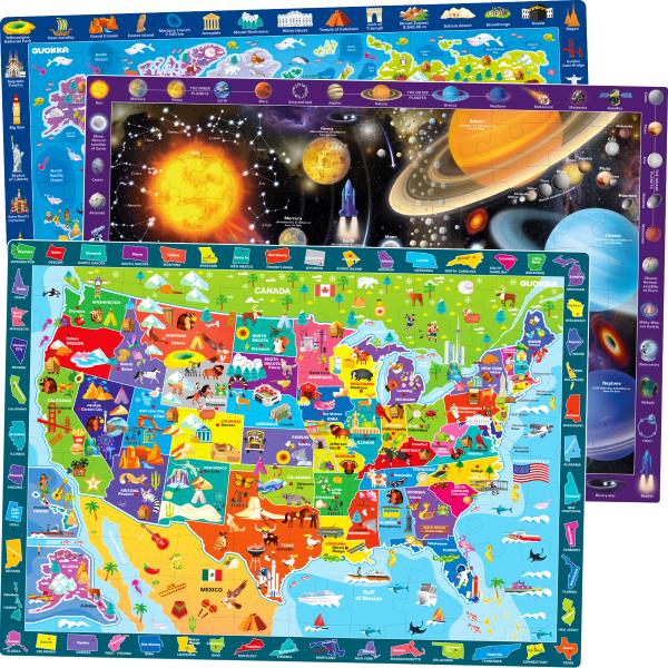 QUOKKA 100 Pieces Puzzles for Kids | Solar System, USA Map, World Map