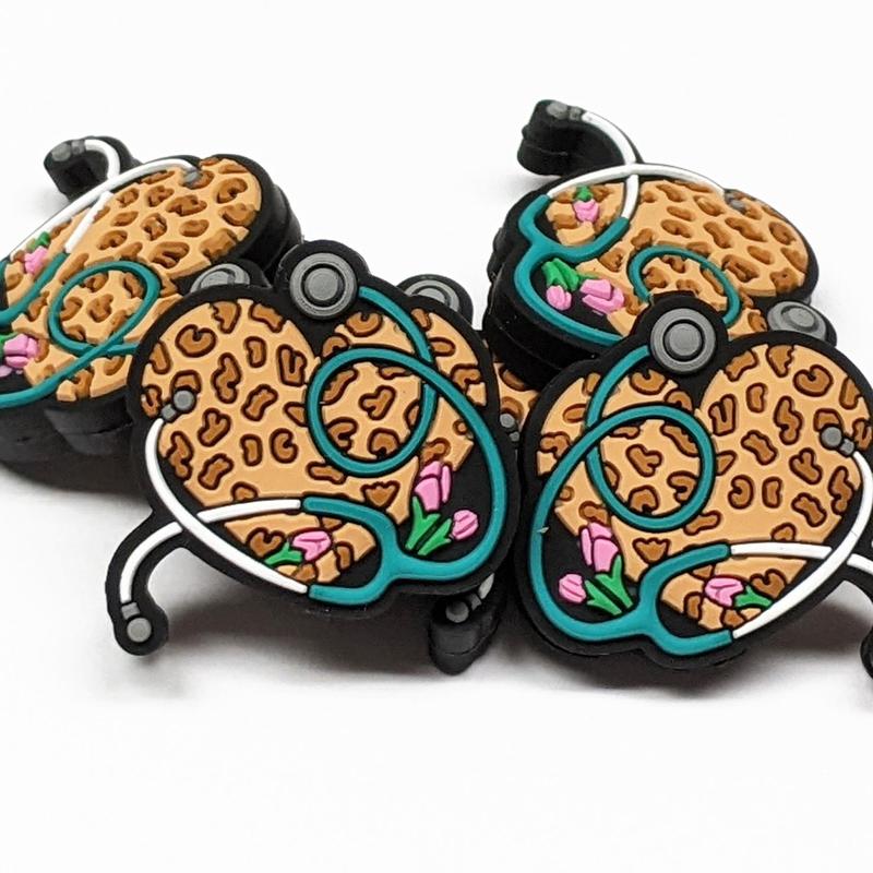 (3pcs) Animal Print Heart w Stethoscope Silicone Focal Bead for Making Pens, Wristlets, Keychains, Bag Tags and More