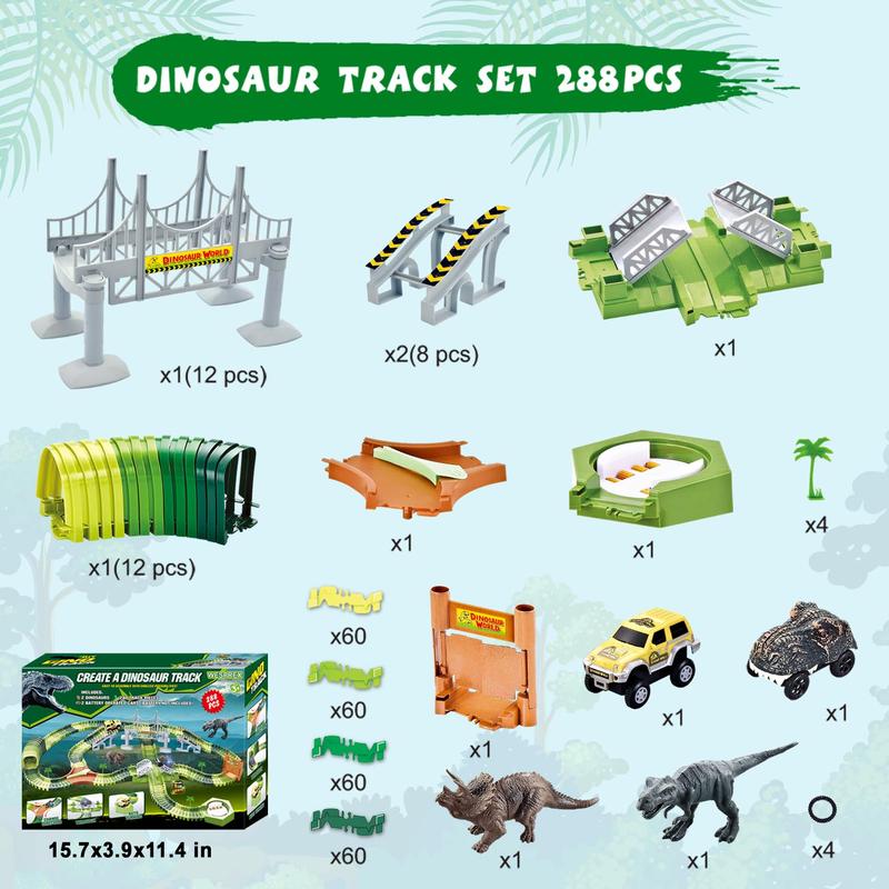 Wesprex Dinosaur Race Track Toy Set 288 PCS, Flexible Track Playset w  240 Tracks, 1 Dinosaur Car, 1 Race Car, 1 Drawbridge, 1 Tunnel, Create A Dino Track, Dinosaur Toy Gift for Kids Boys Girls Age 3+